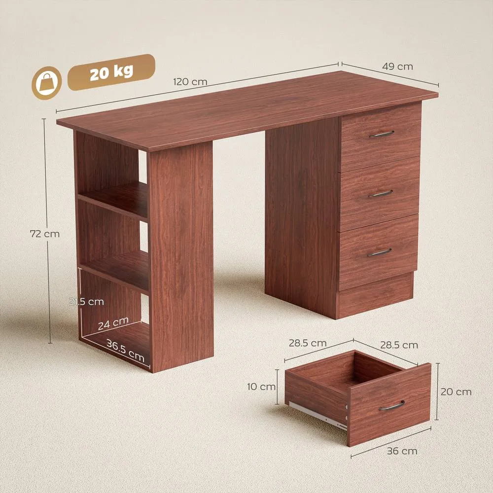 HOMCOM 120cm PC Table Workstation Computer Desk w/ Drawers, 3 Shelves Walnut in Dark Brown 3