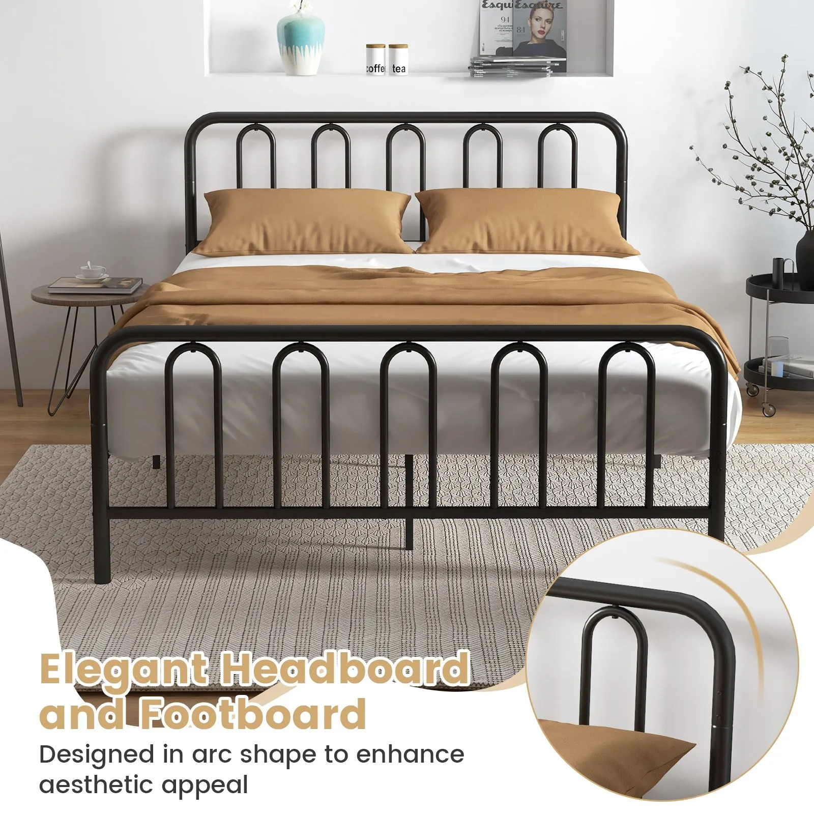 Costway King Size Metal Bed Frame with Headboard Platform Bed with Metal Slats Support in Black 6