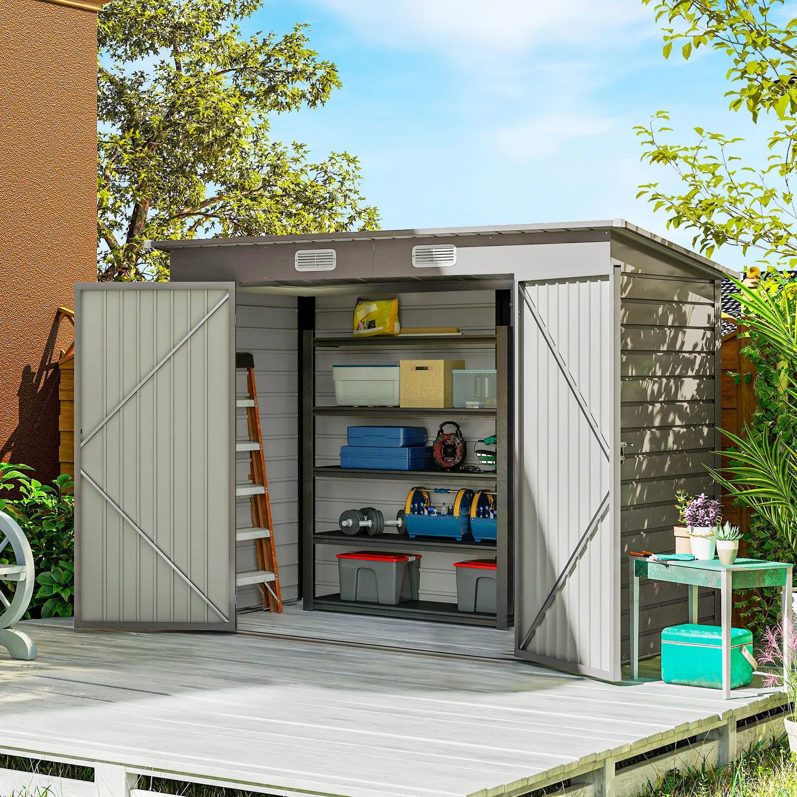 OUTSUNNY 8 x 4FT Metal Garden Storage Shed with Double Doors, Light Grey