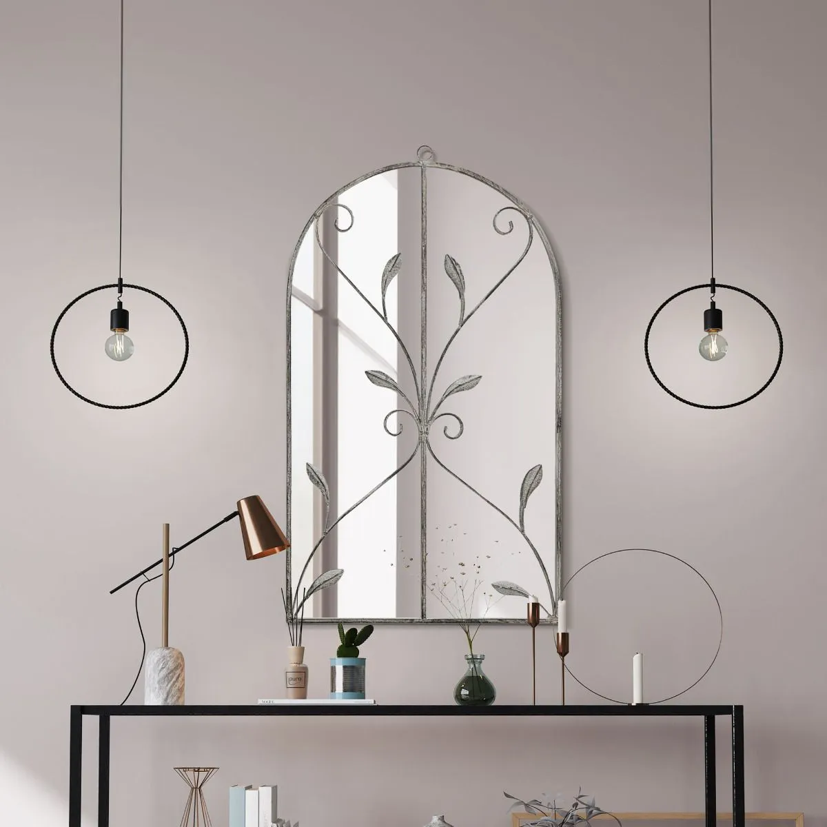 MirrorOutlet Concrete Colour Metal Framed Arched Wall Mirror 31"x 18" (80 X 46CM) in Grey 6