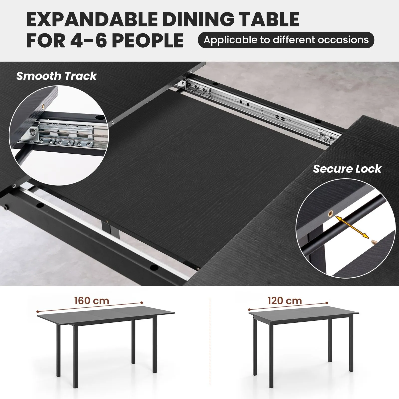 Costway 3 Pcs 160cm Dining Table Set for 4 6 Extendable Kitchen Table Set with 2 Benches in Black 6
