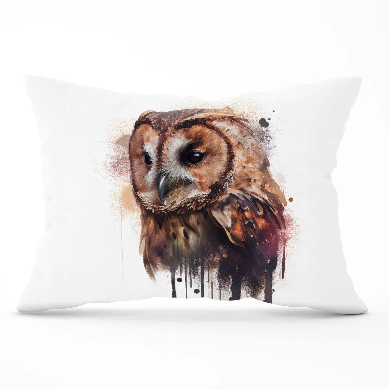 Warren Reed - Designer Tawny Owl Face Splashart Light Background Cushions in Brown