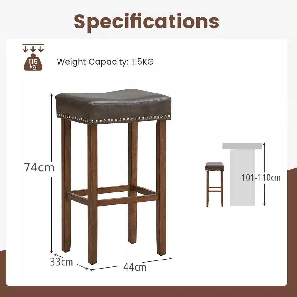 Costway Set of 2 Bar Stools Upholstered Counter Height Saddle Stools PU Leather 74cm in Brown 2