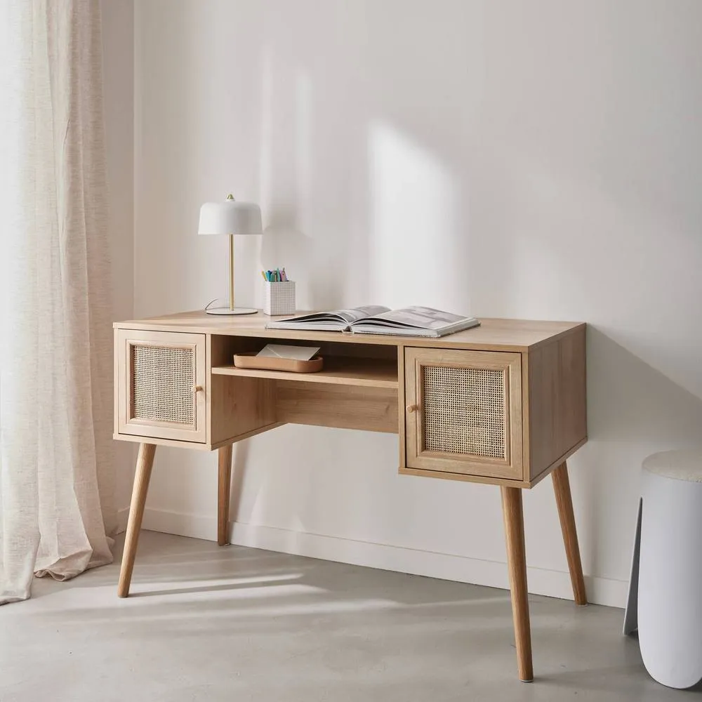 sweeek 2-door desk with wood & cane effect in Beige 4