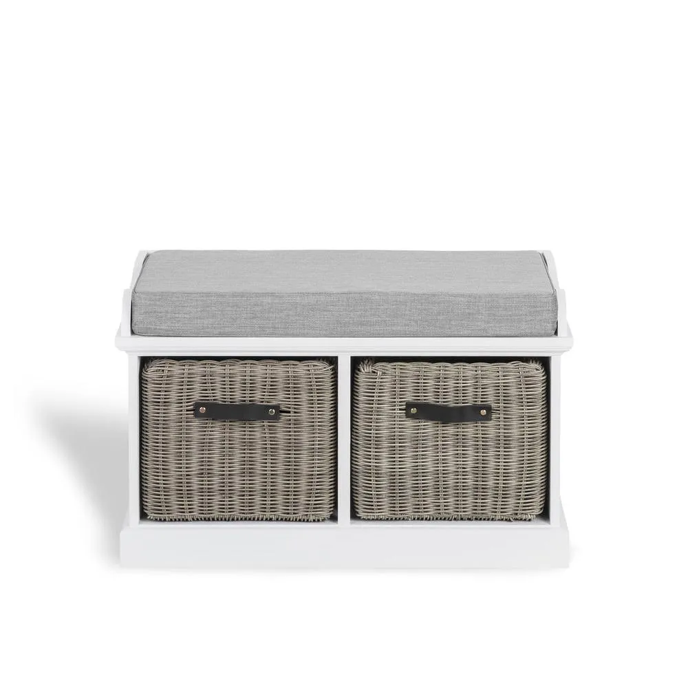 Statement Furniture Tetbury Bench with 2 Grey Faux Rattan Baskets & Grey Cushion in White 4
