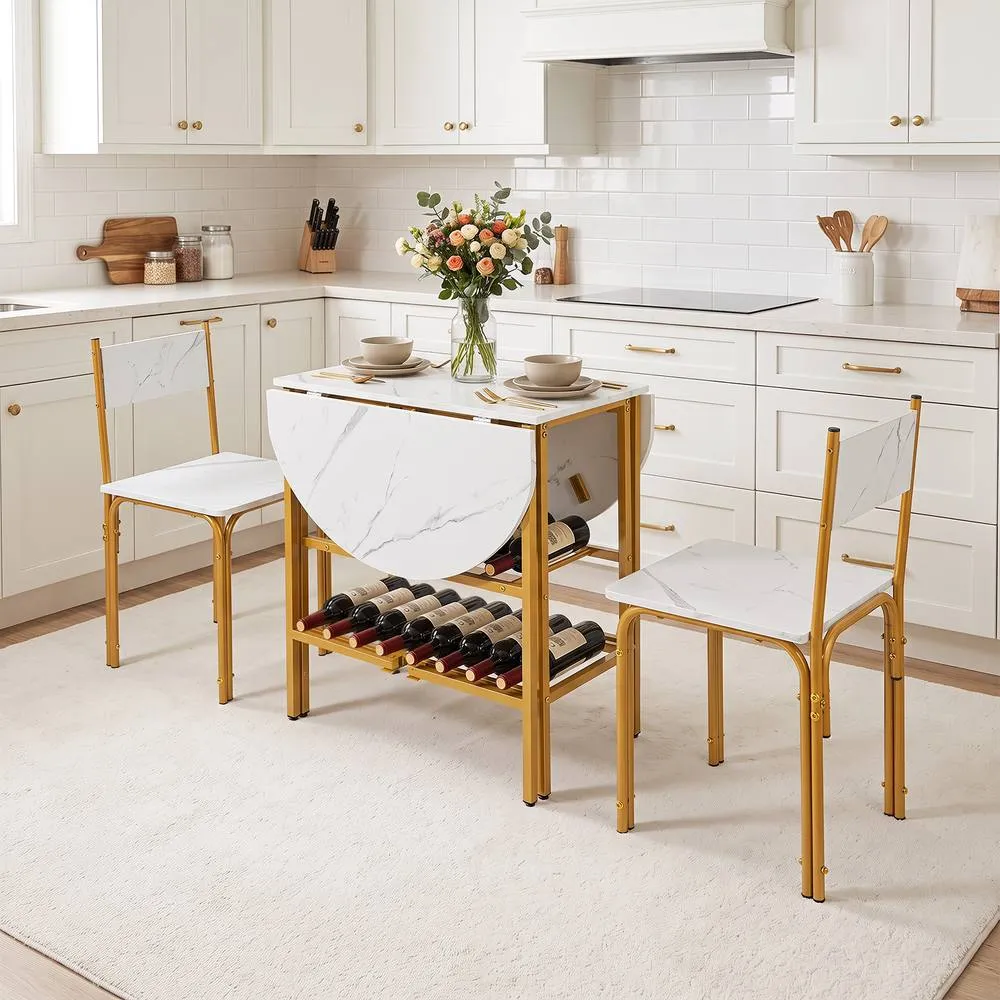 Costway 3 Piece Drop Leaf Dining Table Set w/ 2 Chairs Marble Kitchen in White 5