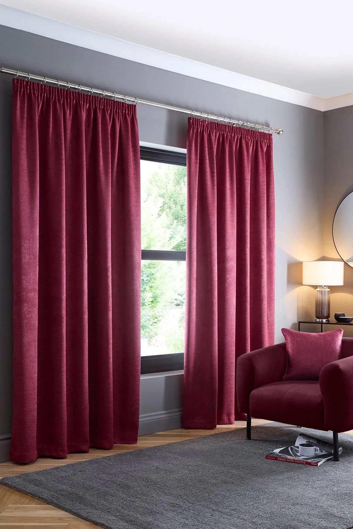 Fusion 'Galaxy' Pair of Light Reducing Thermal Effect Pencil Pleat Curtains in Wine
