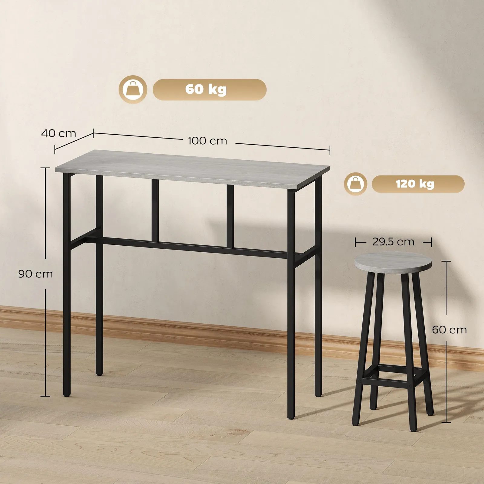HOMCOM 6-Piece Bar Table Set, 2 Breakfast Tables with 4 Stools, Counter Height Dining Tables & Chairs for Kitchen, Living Room in Grey 3