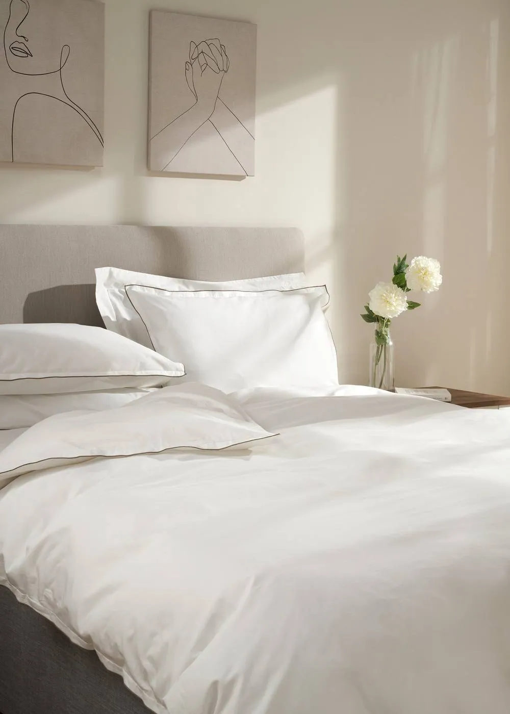 Truly White & Mushroom Embroidered Edge Duvet Cover