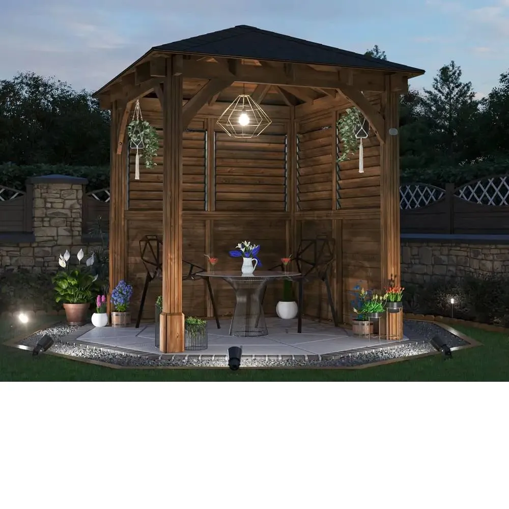 Dunster House Wooden Gazebo Kit 2.5x2.5m Louvre Wall Black Roof Shingles, Leviathan in Brown 2