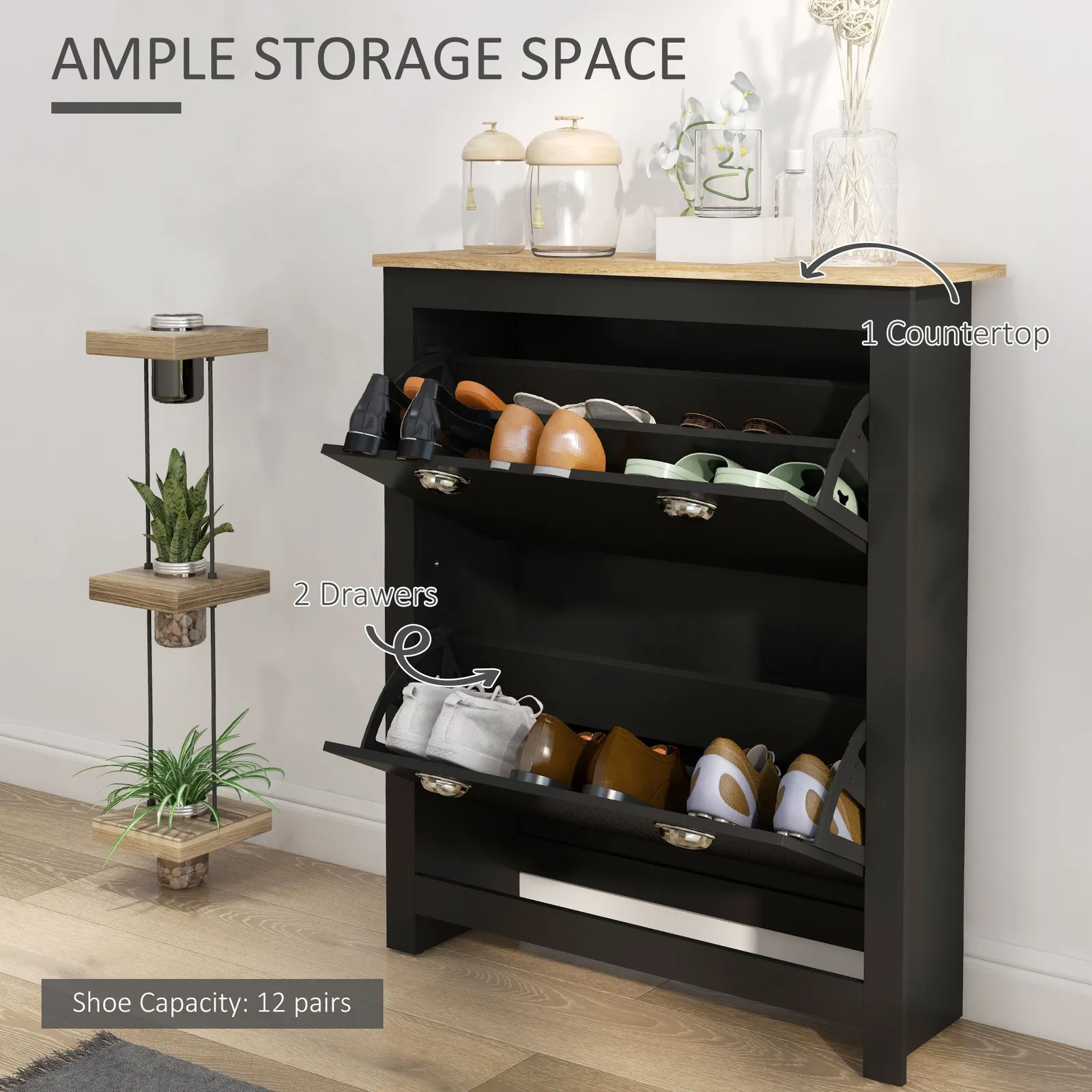 HOMCOM 2 Drawer Shoe Cabinet Narrow Shoe Cupboard with Flip Doors, Black 4