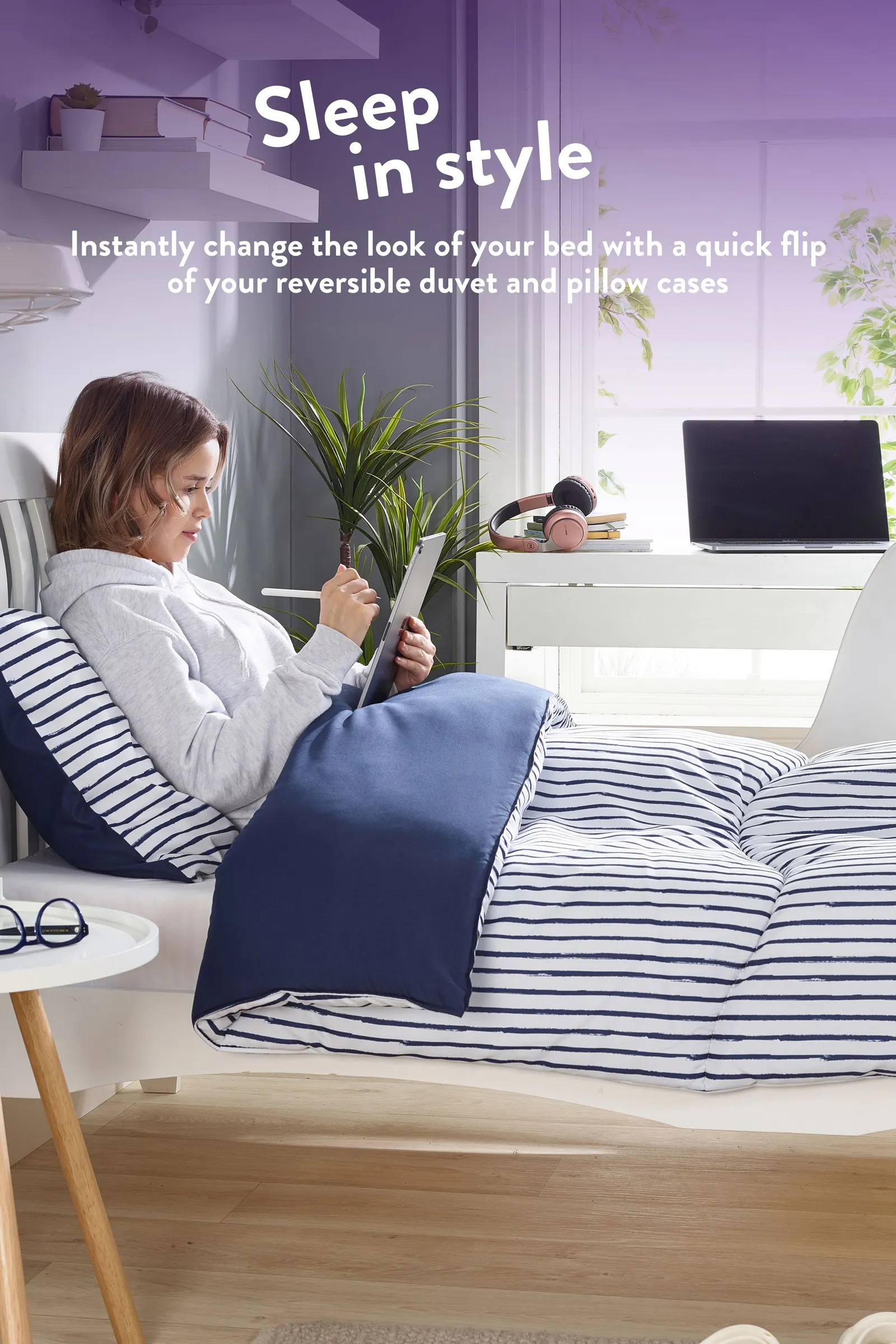Slumberdown Back to Uni Printed Stripe Navy 10.5 Duvet, 2 Medium Pillows 5