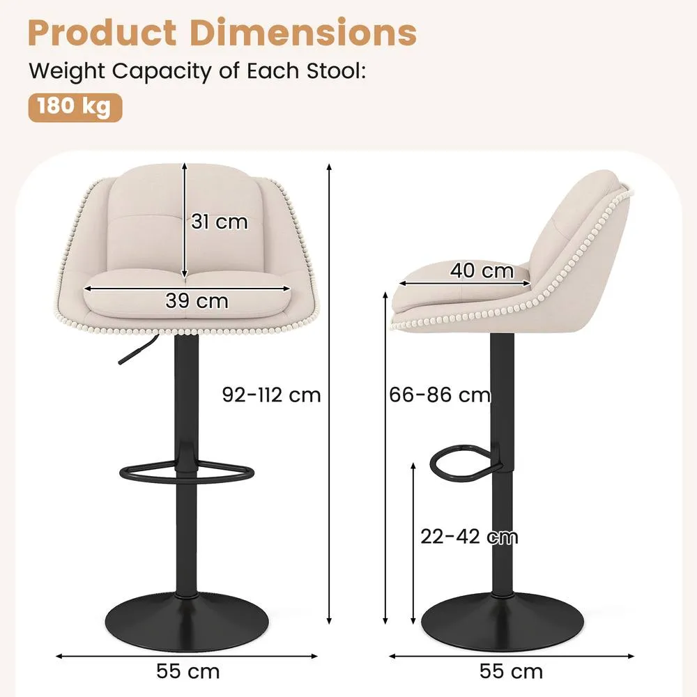 Costway Set of 2 Bar Stools Modern Adjustable Upholstered Barstools in White 2
