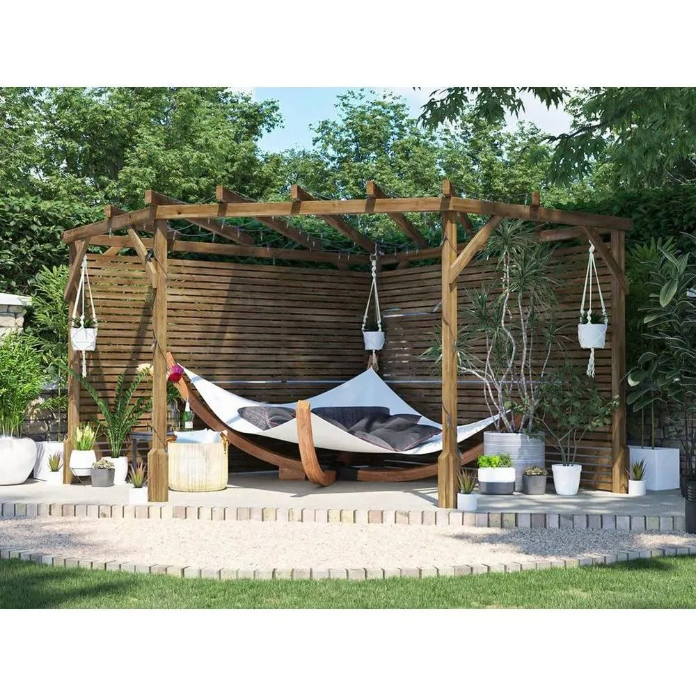 Dunster House Wooden Corner Pergola 3m x 3m with Slats & Trellis, Utopia Diamond in Brown 6
