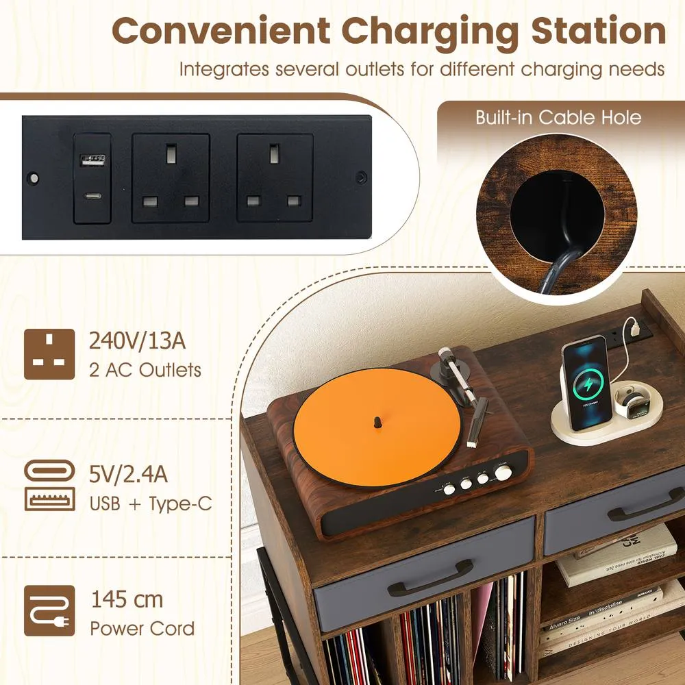 Costway Record Player Stand w/Charging Station 2 Drawers Vinyl Storage Cabinet in Brown 6