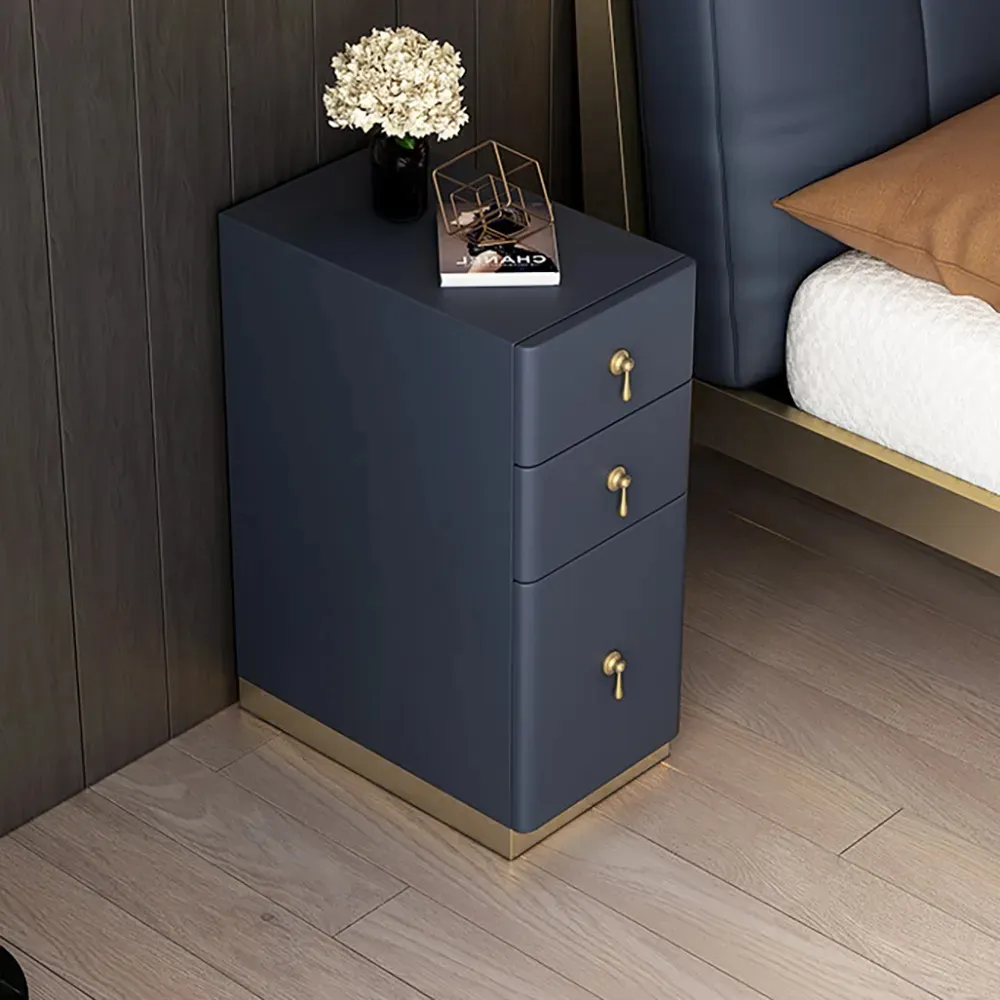 Modern Blue 3-Drawer Bedside Table Narrow Bedside Table with Faux Leather Upholstery