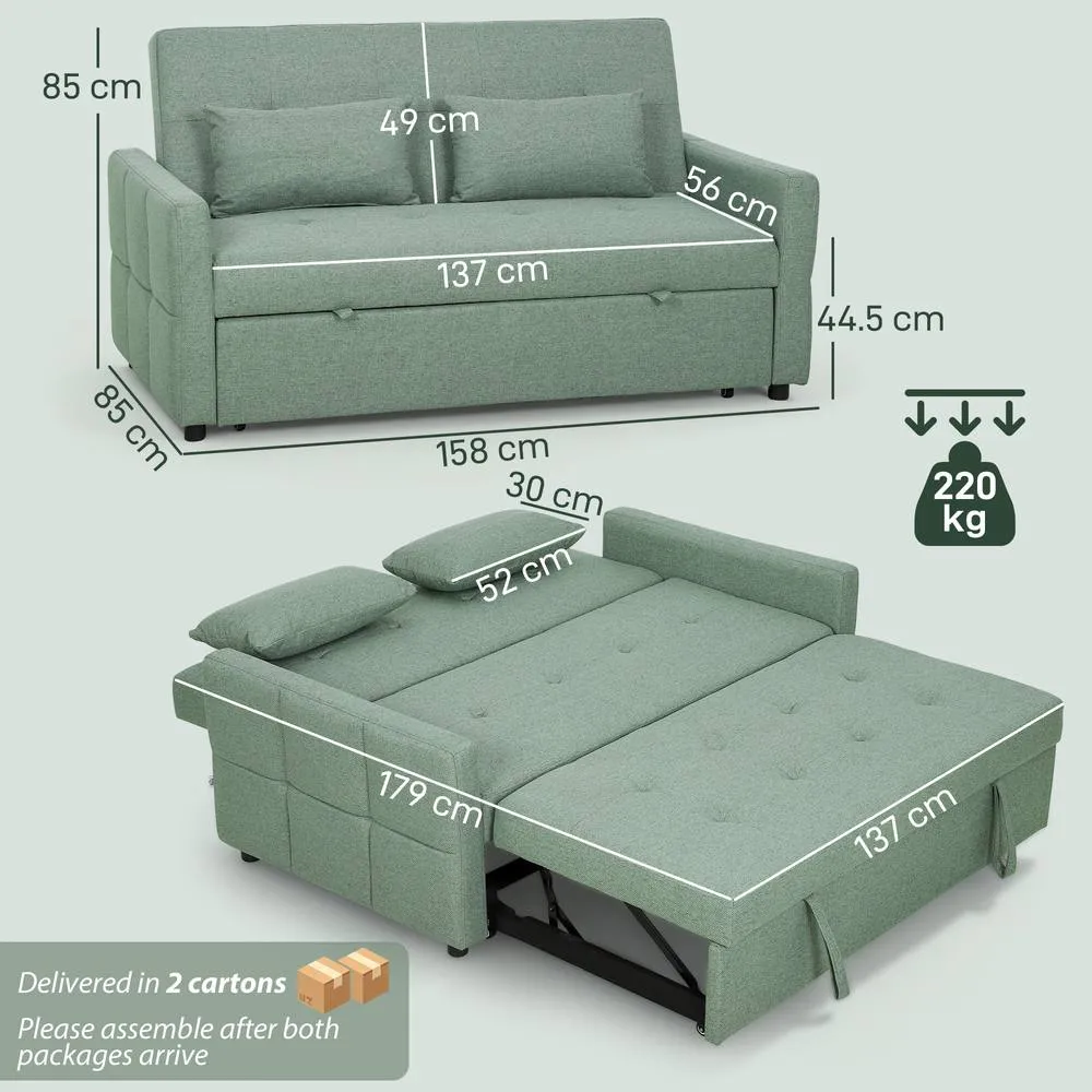 HOMCOM 2 Seater Sofa Bed, Convertible Pull Out Bed Settee, Light Green 3