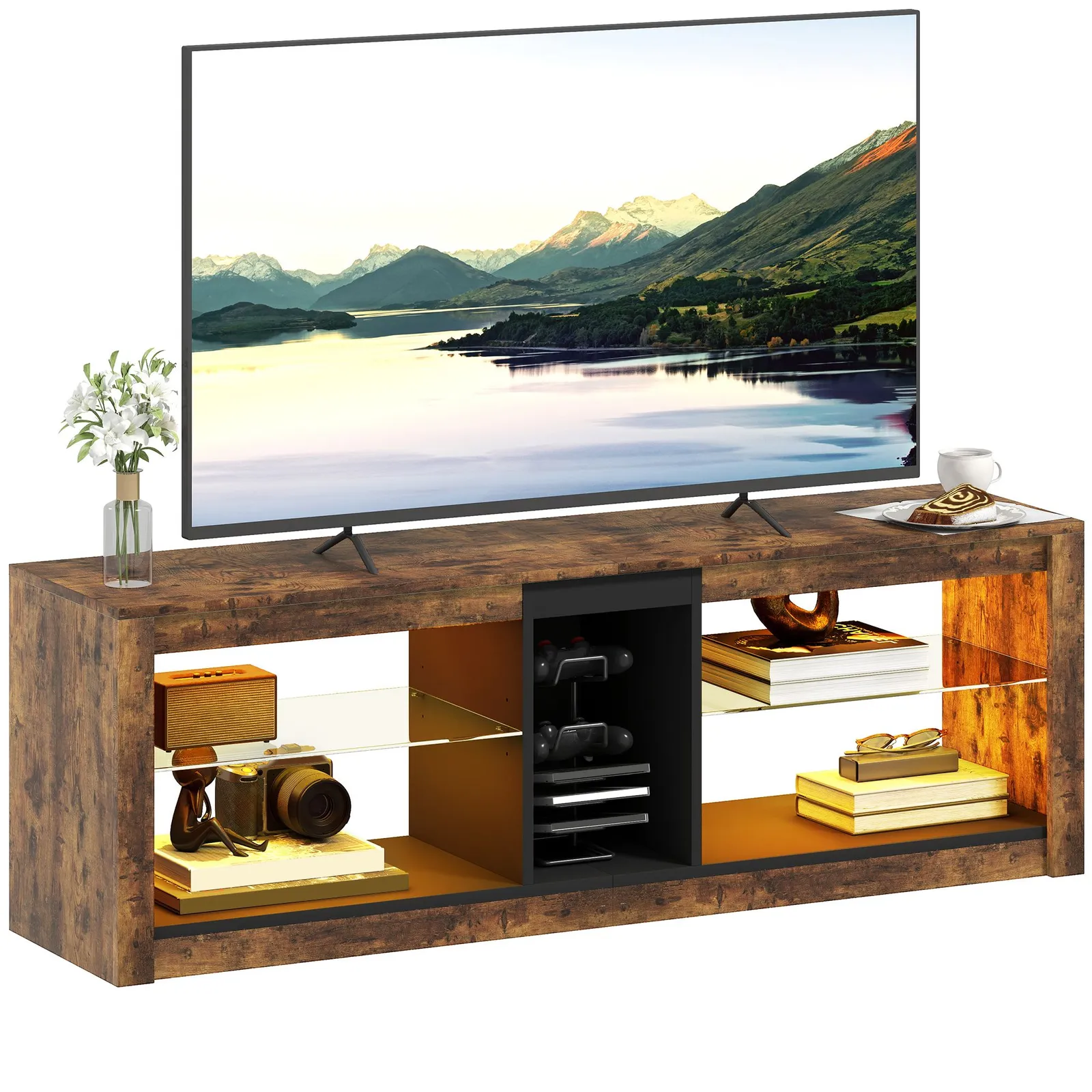 HOMCOM TV Stand, Entertainment Centre with LED Lights, Rustic Brown 2