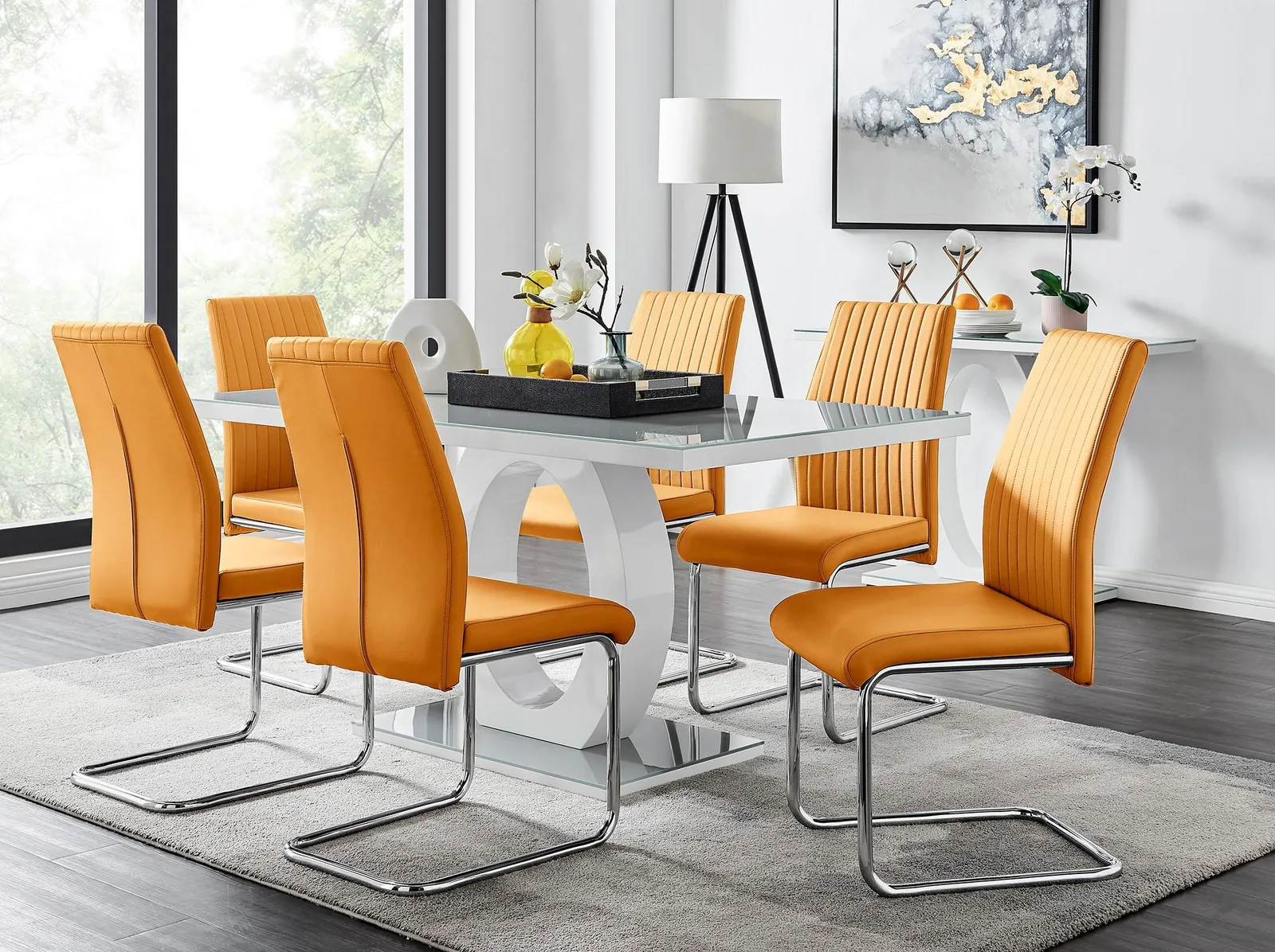 FurnitureboxUK Giovani 6-Seater Grey Glass Dining Table & 6 Lorenzo Faux Leather Dining Chairs in Mustard 1