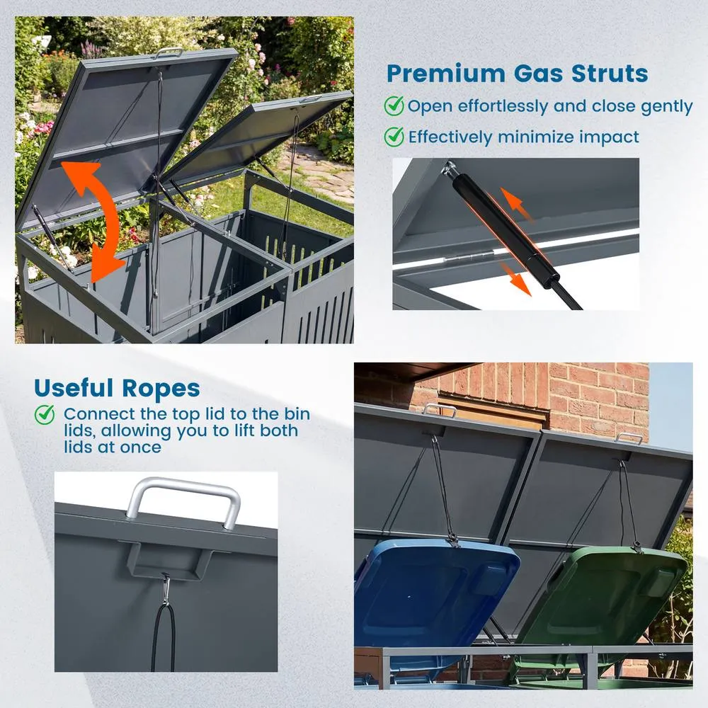 Costway Outdoor Trash Can Storage Shed for 2 Bins Metal Garbage Can Organizer in Grey 5