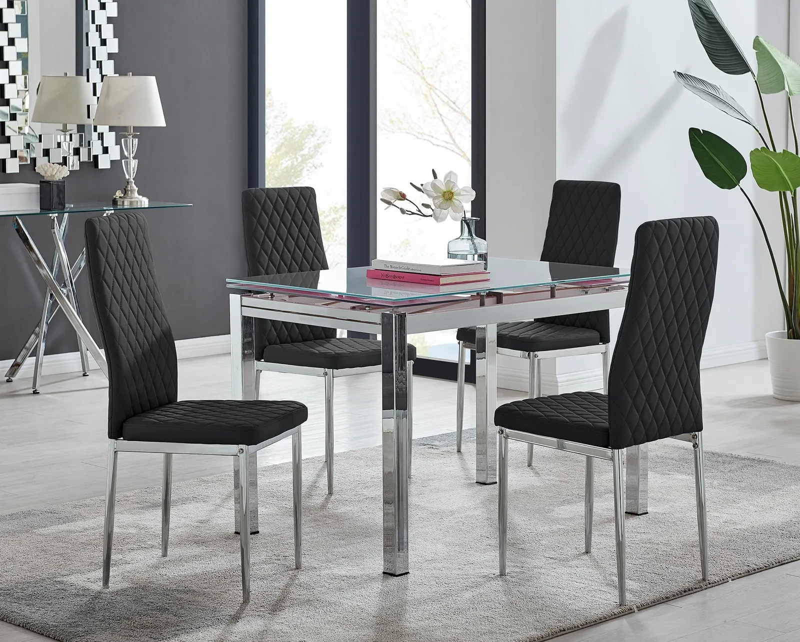 FurnitureboxUK Enna White Glass Extending 4-6 Seater Dining Table & 4 Milan Faux Leather Chairs in Black 1