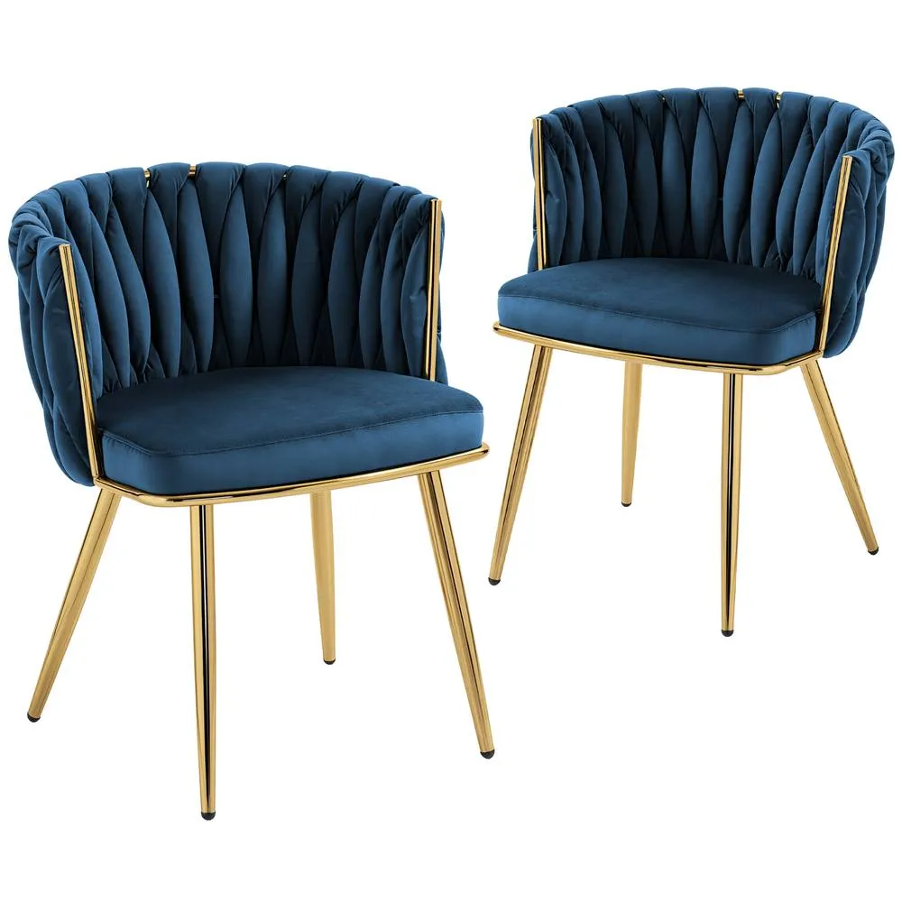 HOMCOM Upholstered Kitchen Chairs Set of 2 with Woven Backrest in Dark Blue 2