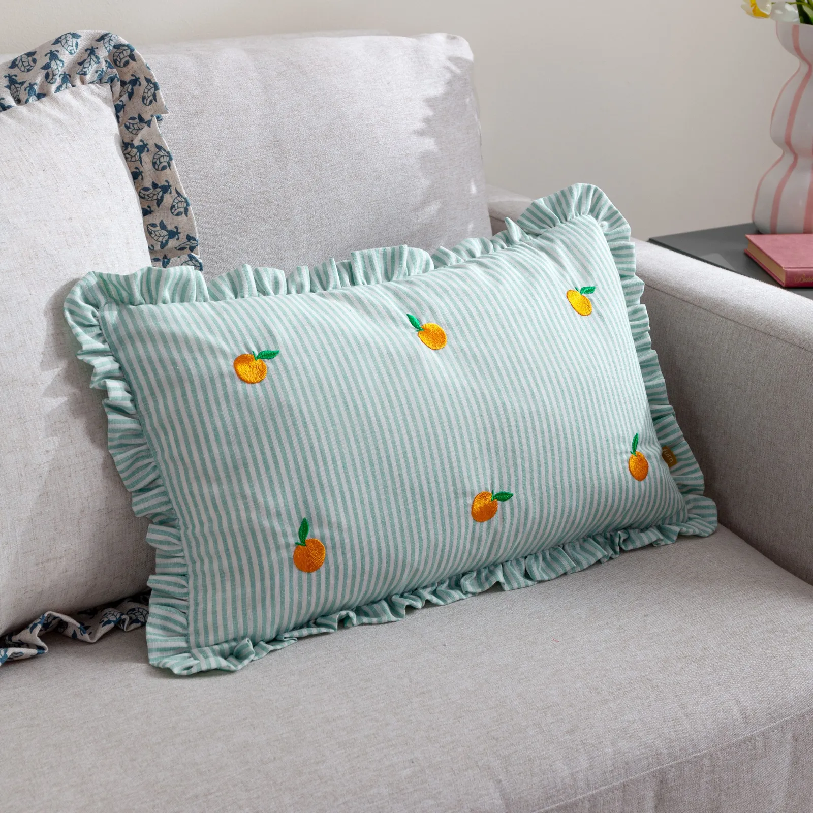 Furn Les Fruites Embroidered Ruffle Cushion in Blue