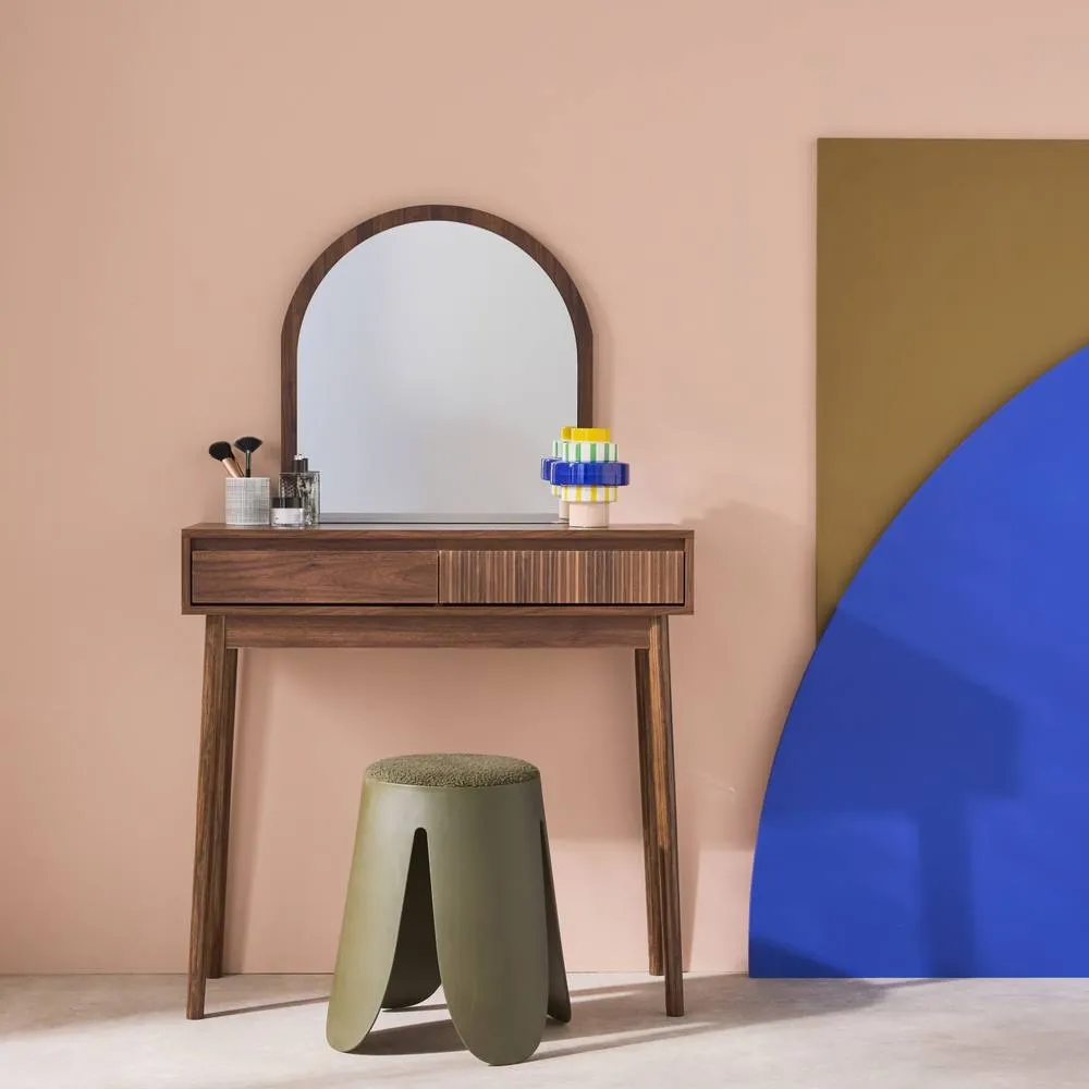 sweeek Dressing table with wooden decor & rounded mirror, 2 drawers in Dark Brown