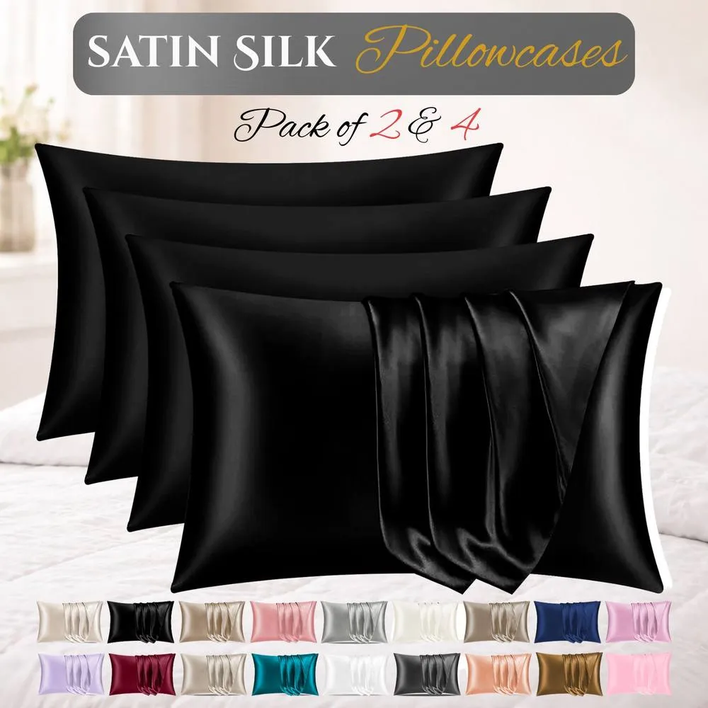 Grace Satin Silk Pillow Cases Pack of 4 Super Soft Smooth Pillow Covers in Black