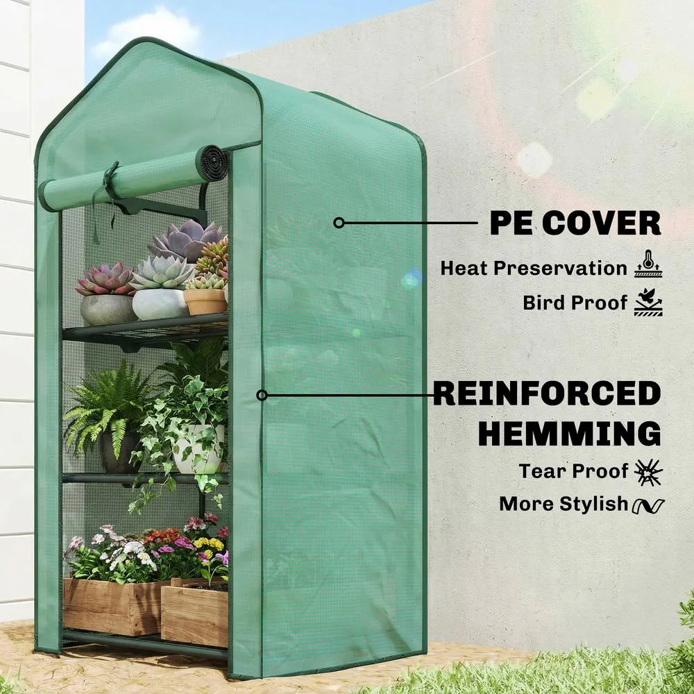 OUTSUNNY Portable Mini Greenhouse with Roll-up Door & Wire Shelves, Green 4