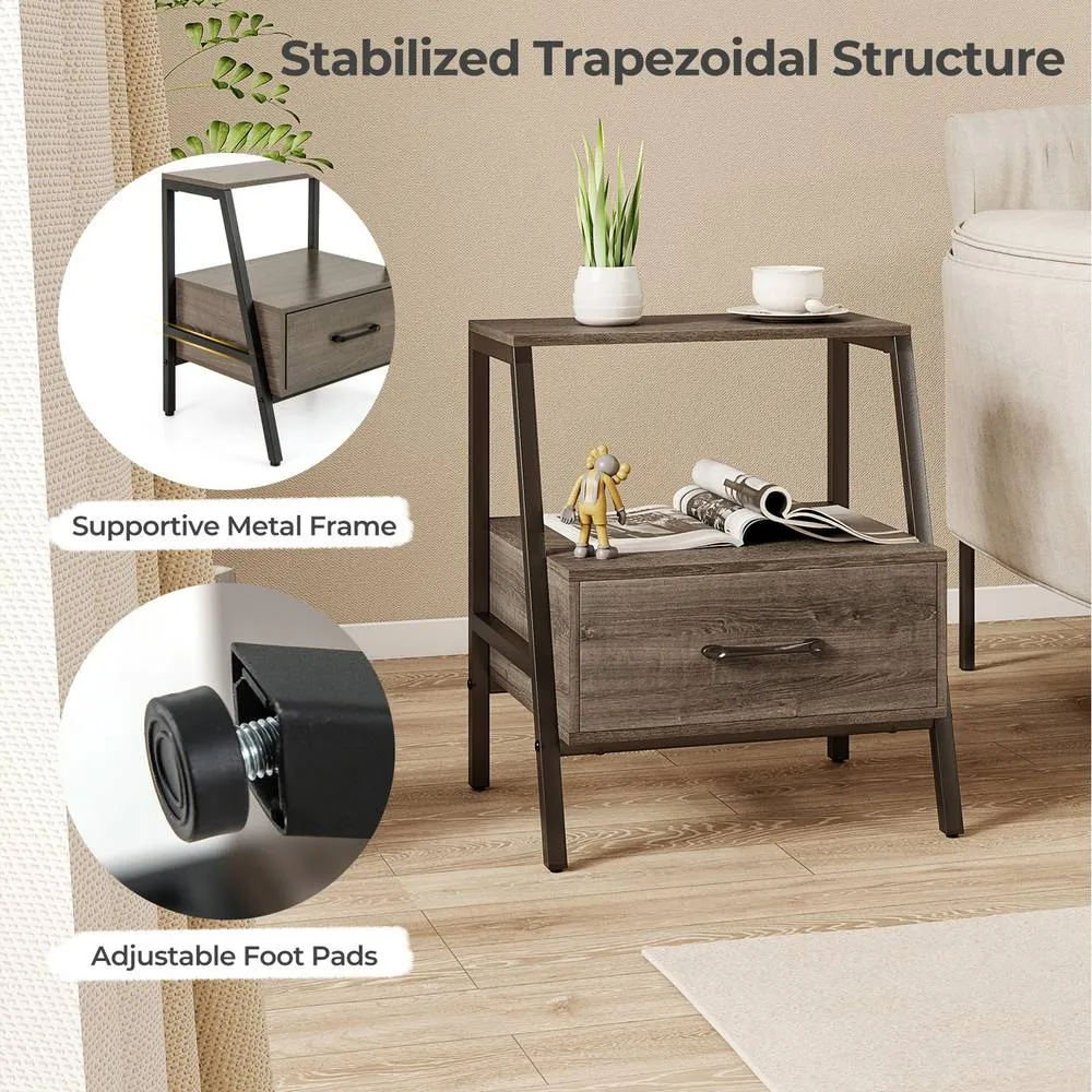 Costway Farmhouse 3-Tier Bedside Table Nightstand Drawer-Gray in Grey 4