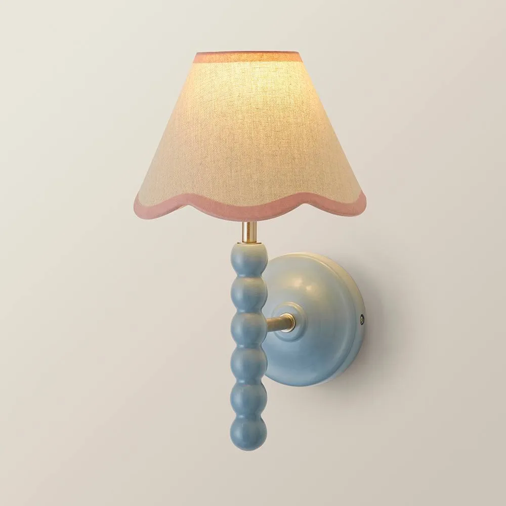 ValueLights Bobbins Pair Blue Bobble Wall Lights & Linen Pastel Trim Lamp Shades in Pale Pink 6