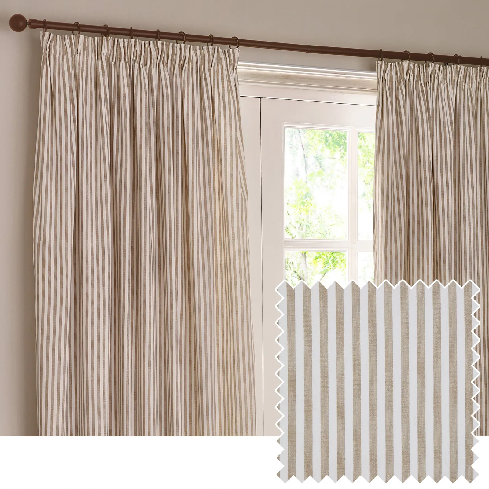 Yard Hebden Striped 100% Cotton Lined Pencil Pleat Curtain Pair in Natural 1