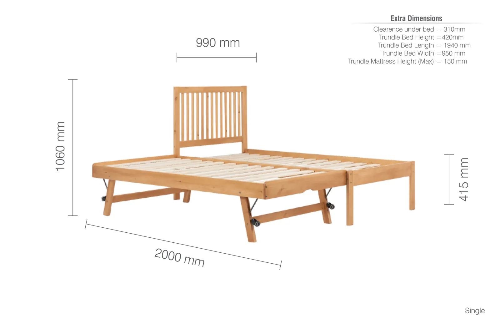 Birlea Pine Wood Guest Bed 2 mattresses Buxton Trundle Frame Hideaway Stop Over in Light Brown 6