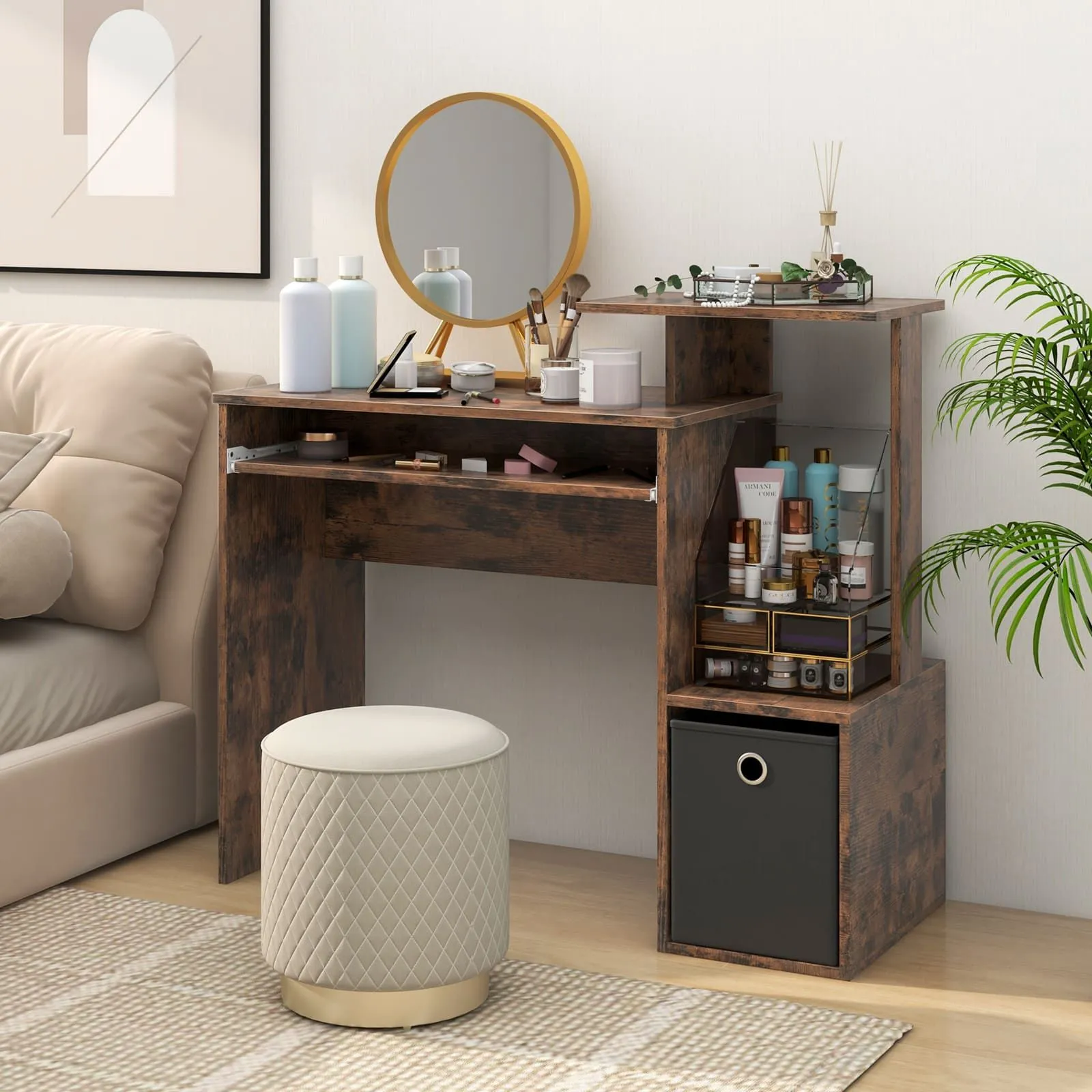 Costway Space-saving Computer Desk with Open Shelf & Fabric Storage Drawer in Brown 3