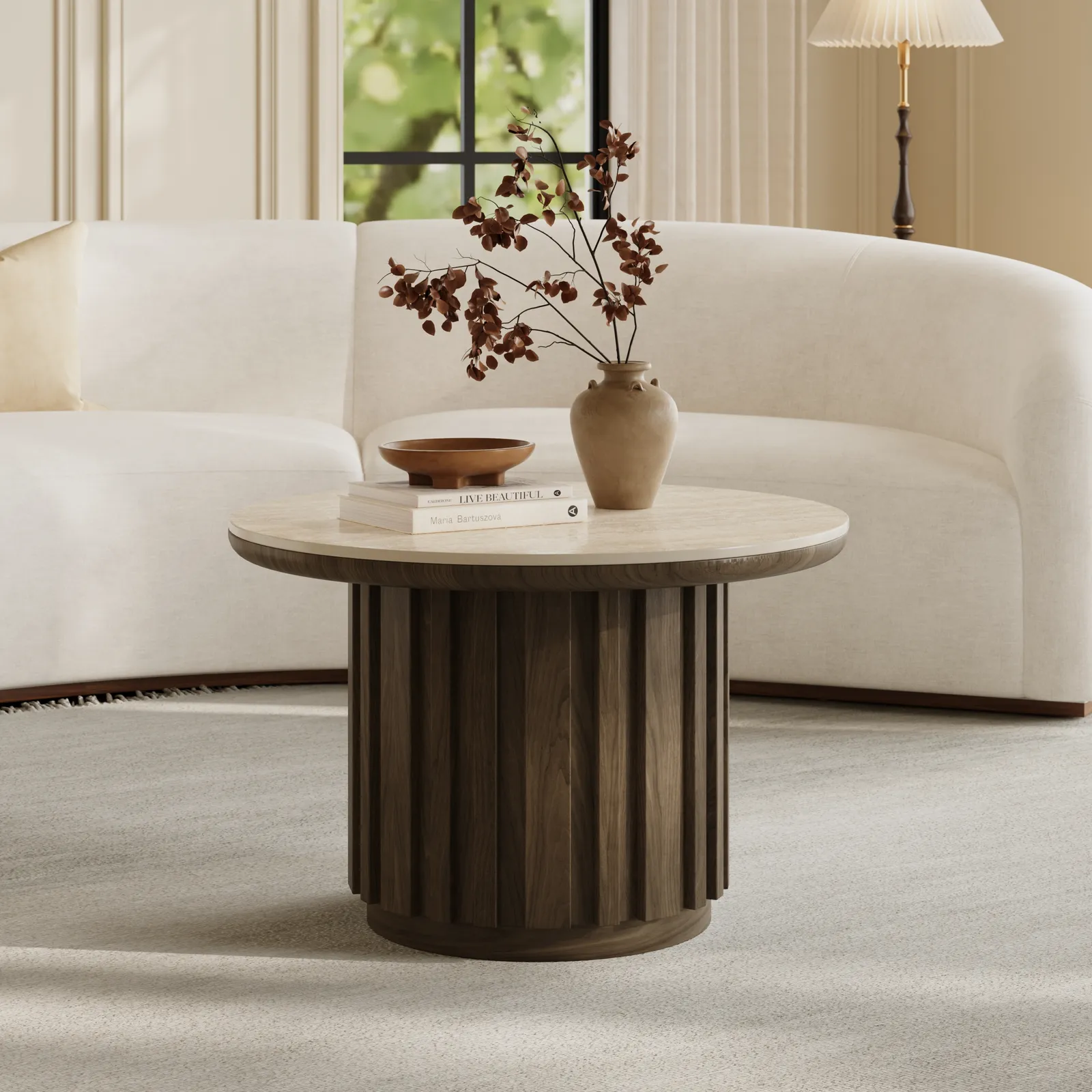 Aura Ash Wood Slatted Round Coffee Table with Sintered Stone Top