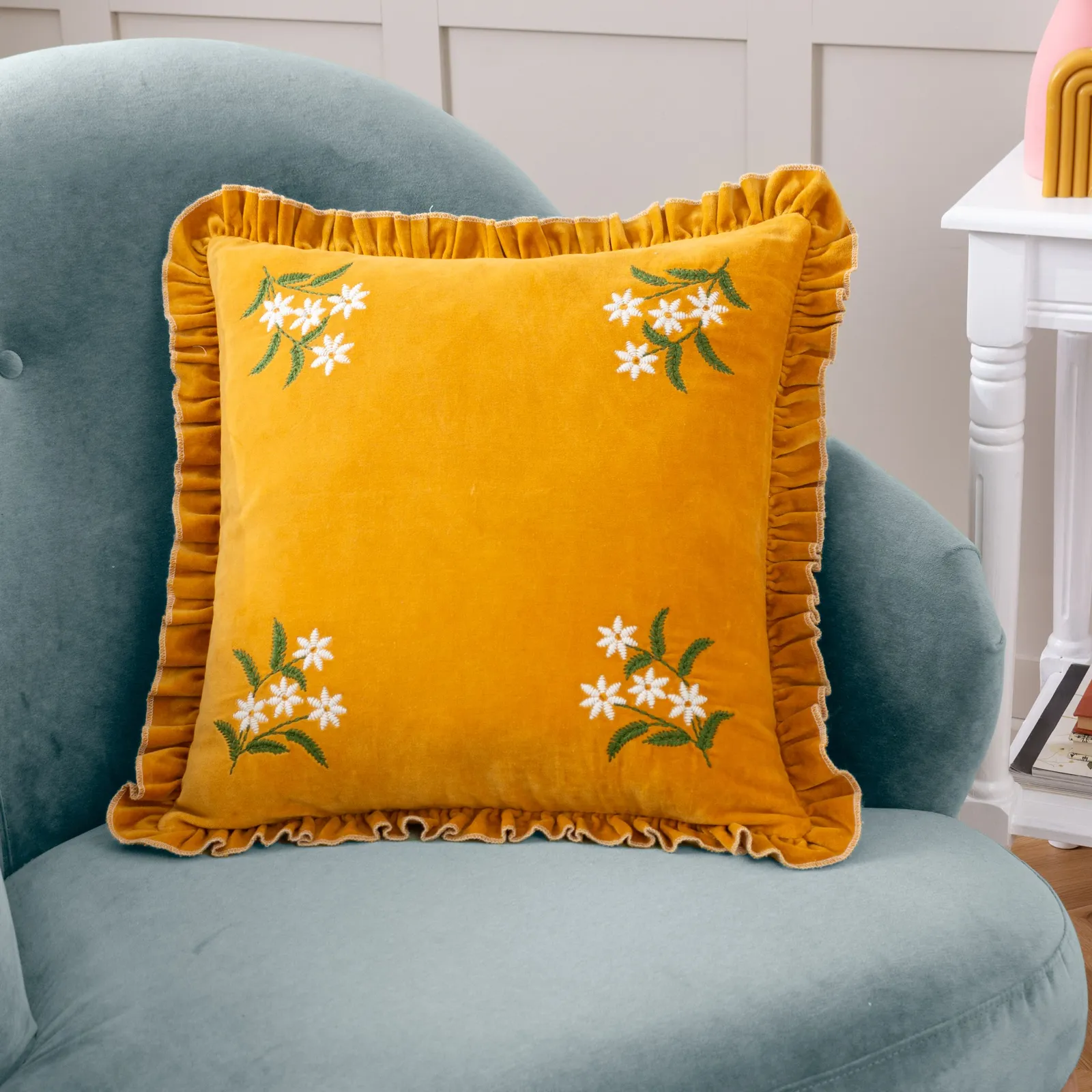 Furn Daisy Frill Embroidered Velvet Cushion in Gold