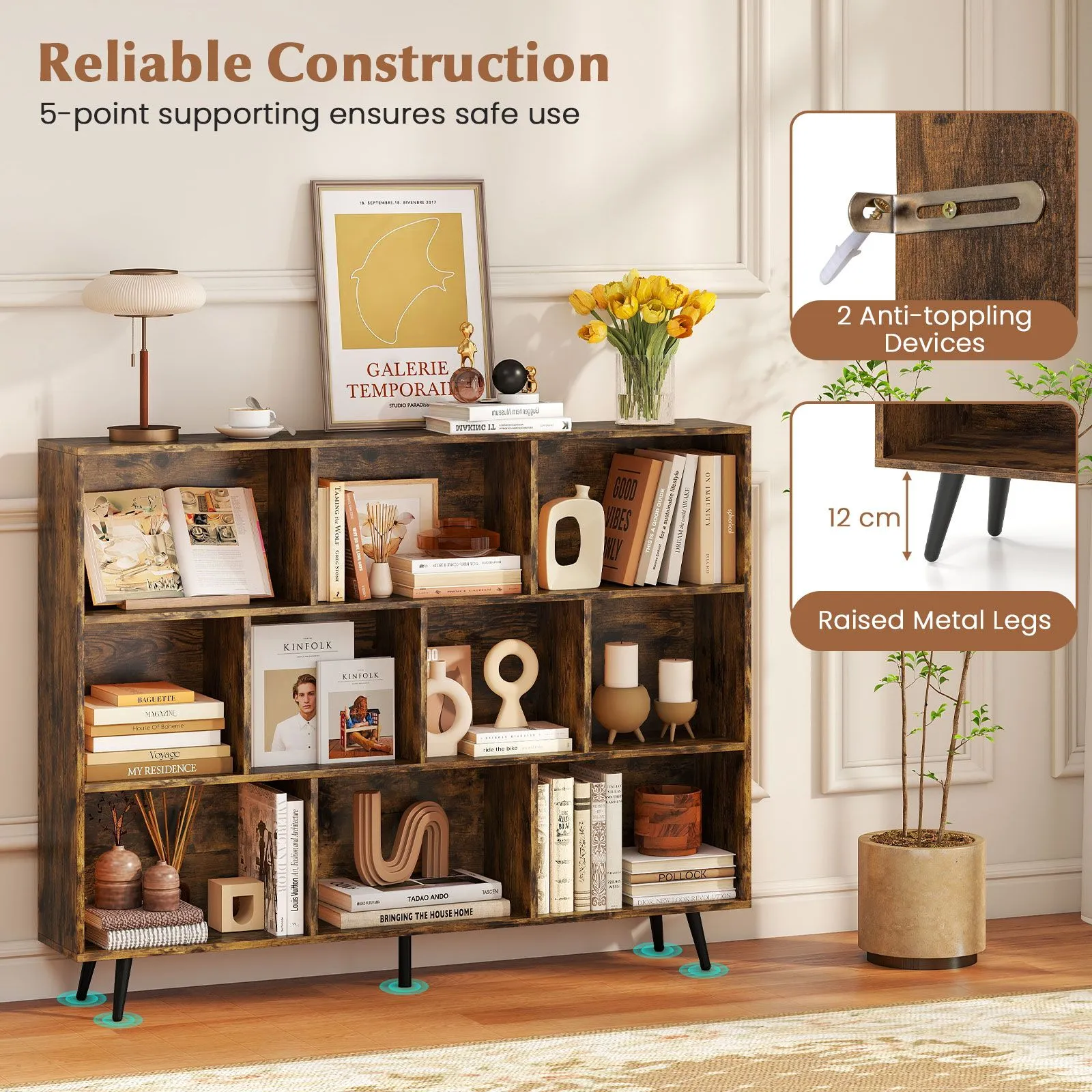 Costway 10-Cube Bookcase 140 CM Mid Century Modern Storage Organizer in Brown 5