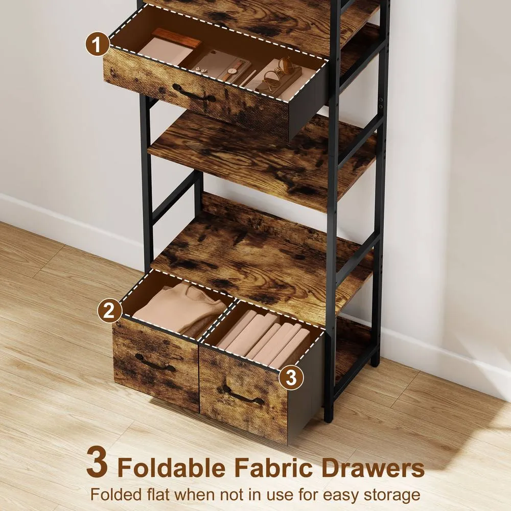 HOMCOM Industrial Bookshelf with 4 Shelves & 3 Fabric Drawers Rustic Brown 6