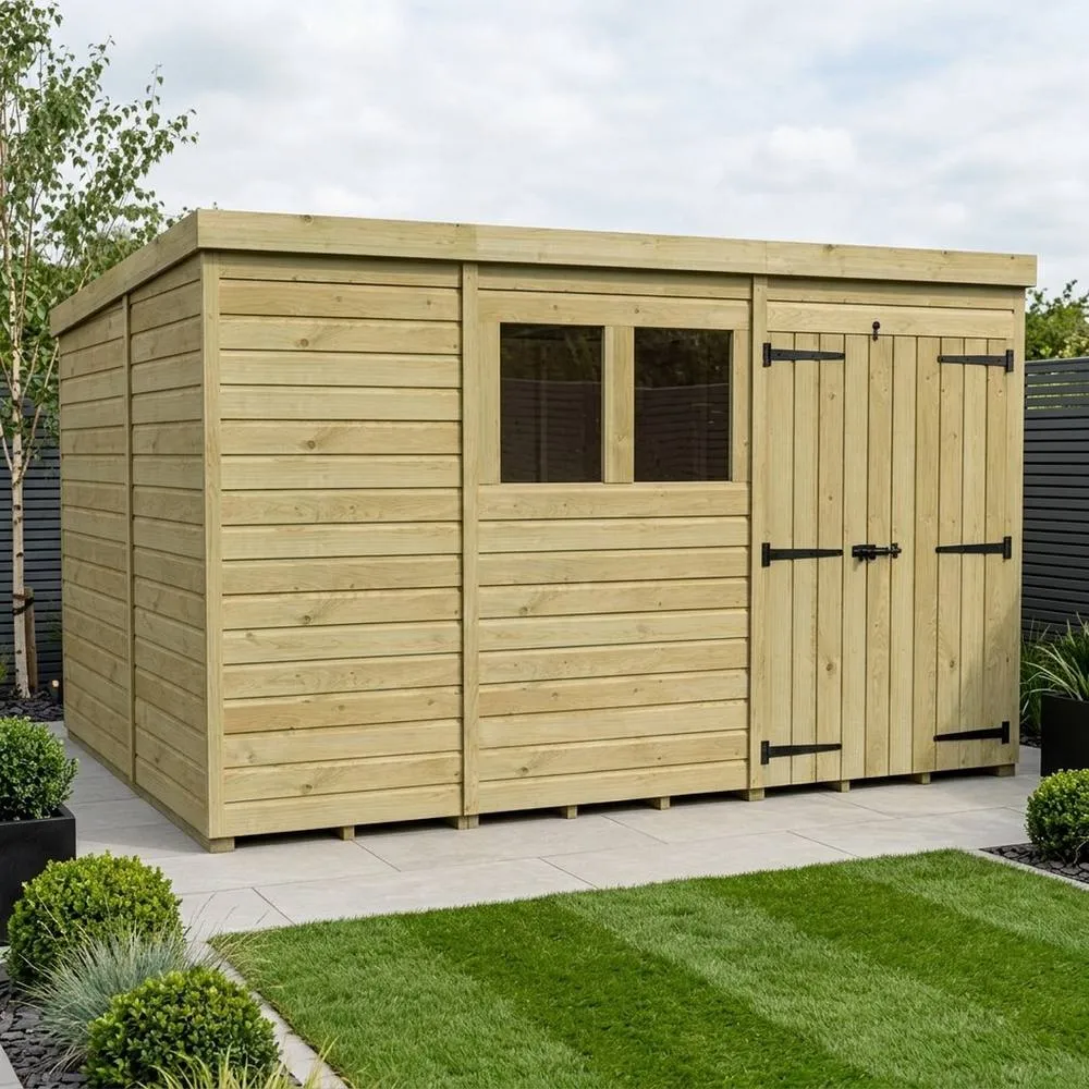 Buttercup Farm 11ft x 10ft Pent Garden Shed Double Door With Windows - Timber in Brown 2