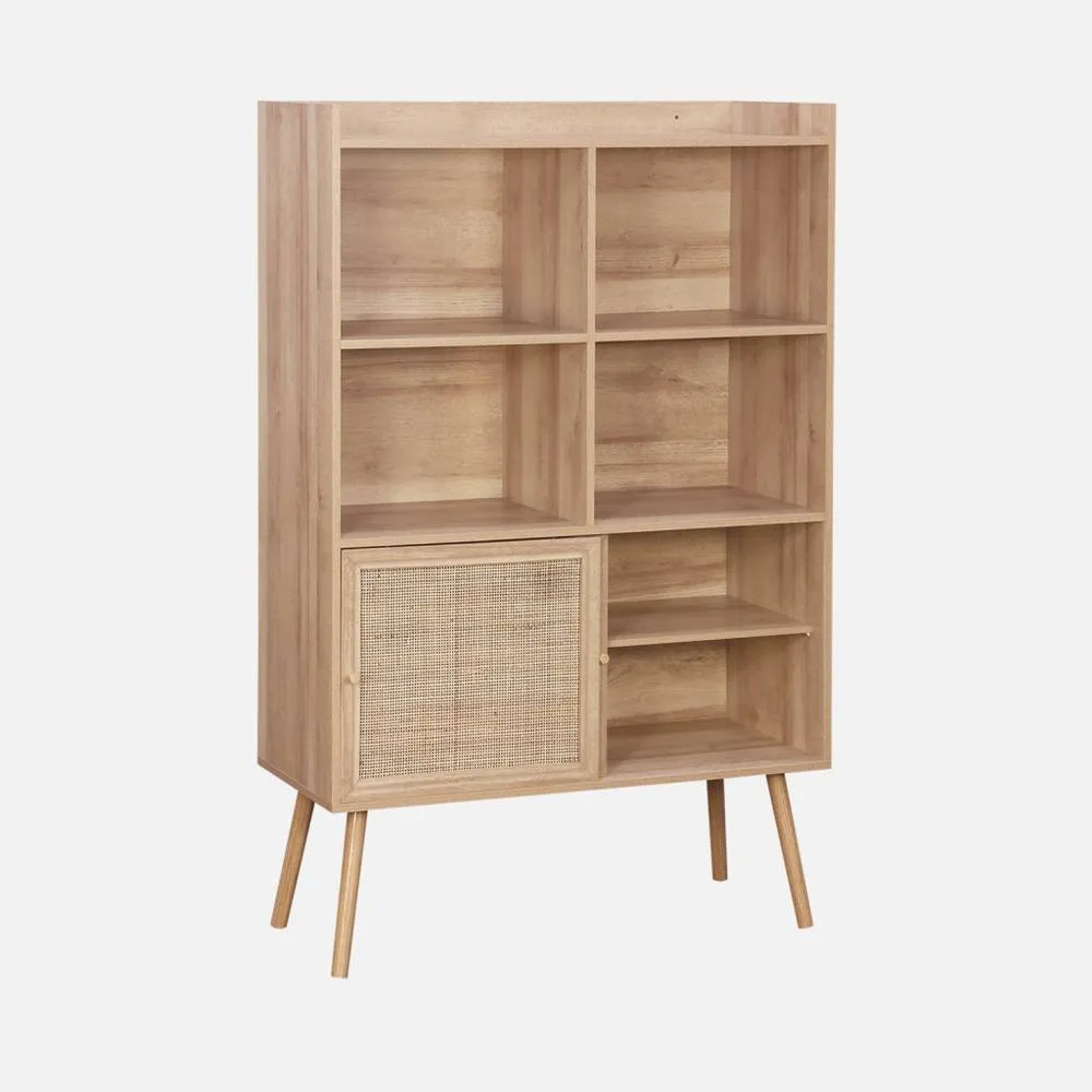 sweeek 5-shelf Bookcase Sliding Doors With Wood & Cane Effect in Light Brown 2