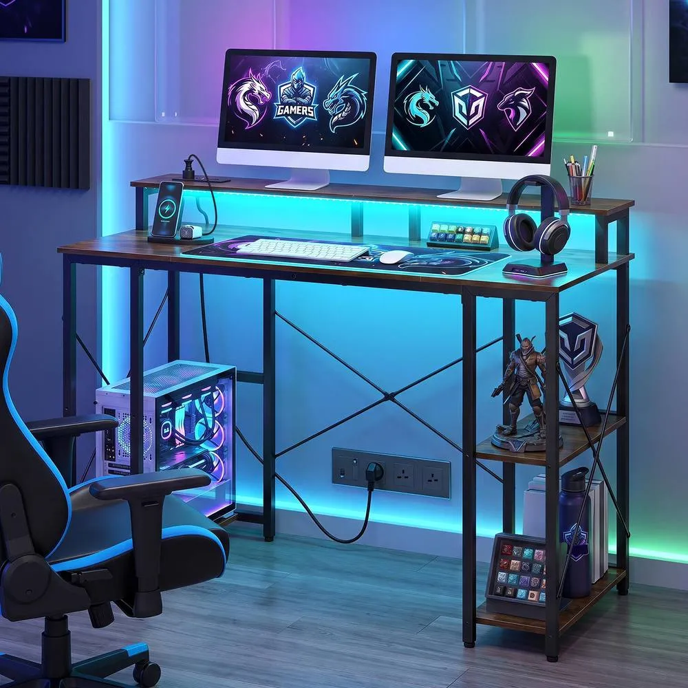 Costway 120cm Desk w/ Charging Station & LED Lights Gaming Table in Brown 4