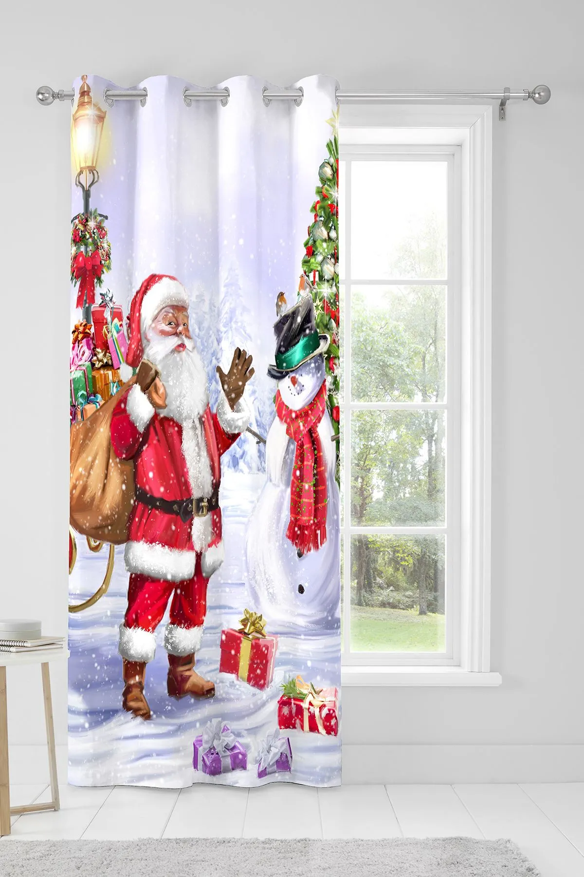 Fusion 'Santa & Snowy' Christmas Scene Eyelet Single Panel Door Curtain 3
