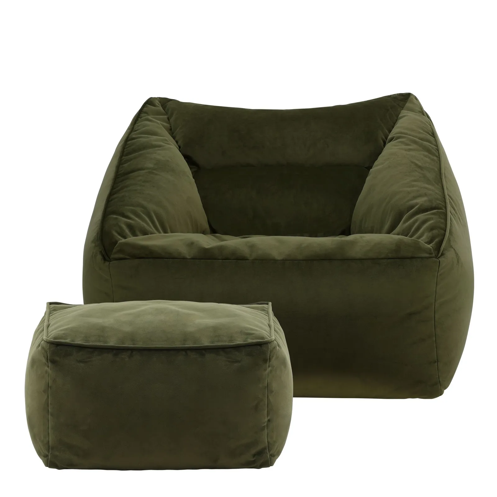 icon Natalia Velvet Adults Bean Bag Armchair & Pouffe, Large Beanbag & Footstool Olive Green