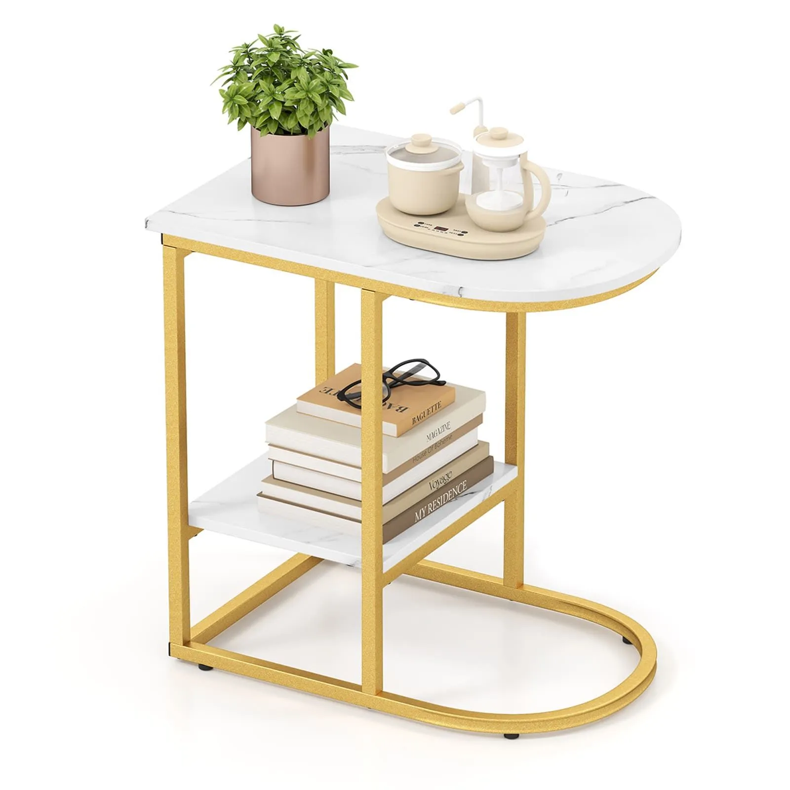 Costway C-shaped End Table Modern Sofa Side Table with Storage Shelf in White