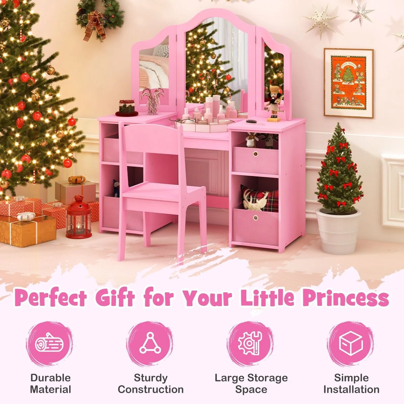 Costway 2-in-1 Dressing Table & Chair Set Vanity Table Desk w/ Removable Mirrors in Pink 6