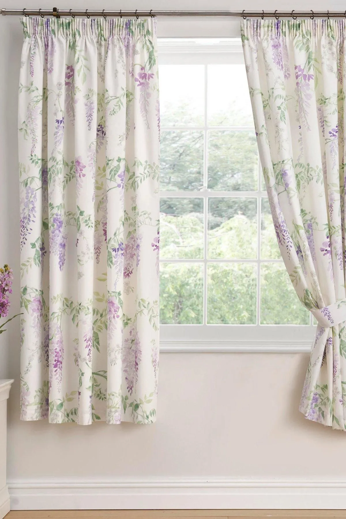 Dreams & Drapes 'Wisteria' Pair of Pencil Pleat Curtains With Tie-Backs in Lilac