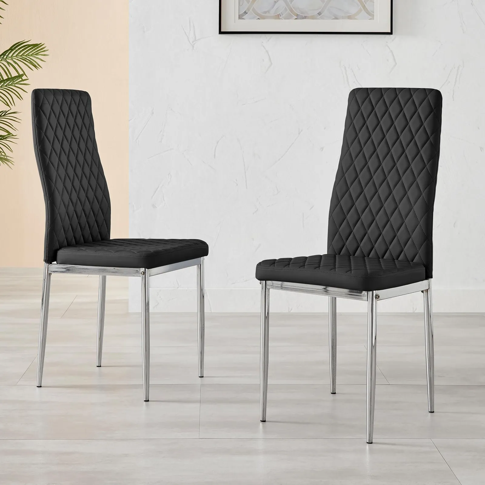 FurnitureboxUK Set of 6 Milan High Back Soft Touch Diamond Pattern Faux Leather Dining Chairs With Silver Chrome Metal Legs in Black 2