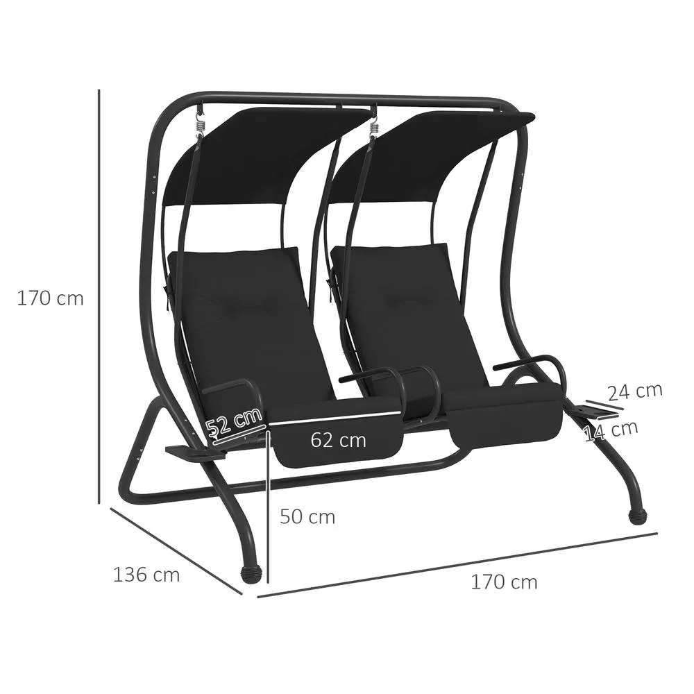 OUTSUNNY Canopy Swing 2 Separate Relax Chairs w/ Handrails, Cup Holders in Black 3