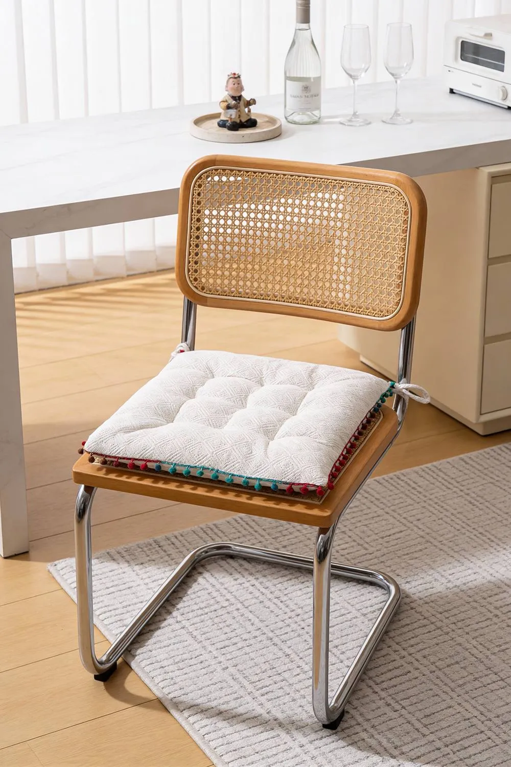 Boho Tassel Decor Square Dining Chair Pad Cushion in White